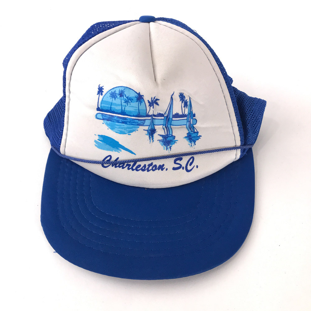 Retro Charleston SC foam hat cap blue sailboats palm trees